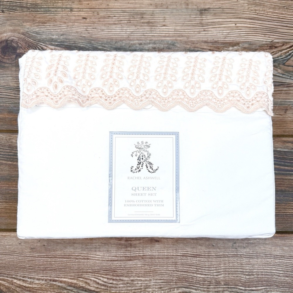 Rachel Ashwell Embroidered Eyelet Hem QUEEN Sheet Set White Pink 100% Cotton